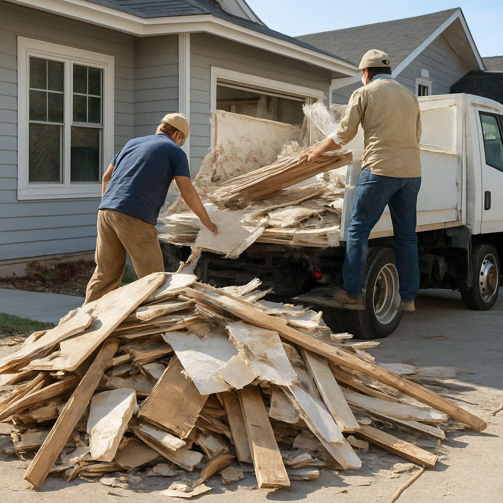 Construction debris removal example with wood and drywall being hauled away