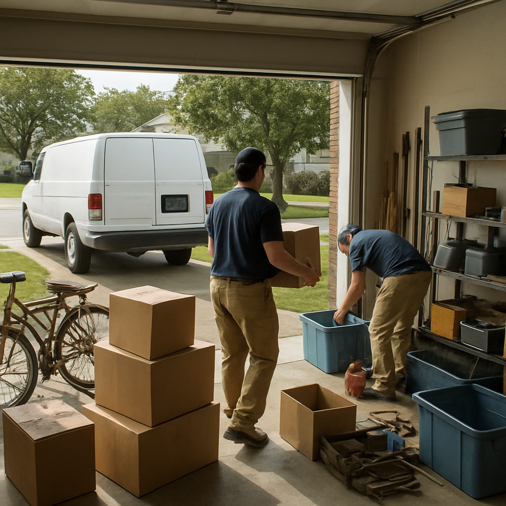Garage cleanout example with household items and storage clutter being removed