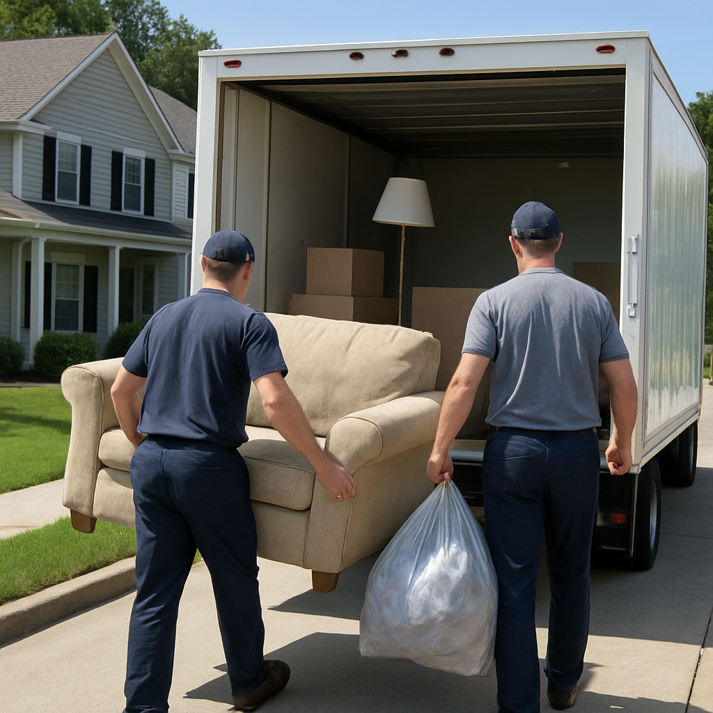 Junk removal crew loading furniture and household junk into a truck in Bergen County NJ